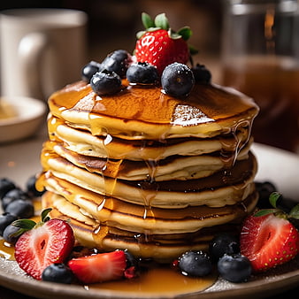 Stack of Fluffy Pancakes with Syrup and Fresh Berries