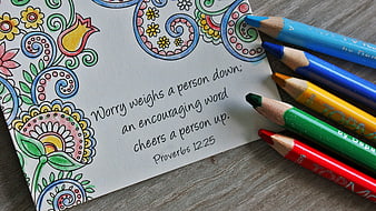 Handwritten Proverbs 12:25 Quote on Decorated Paper with Colored Pencils