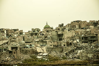 War-torn cityscape with destroyed buildings and a green dome