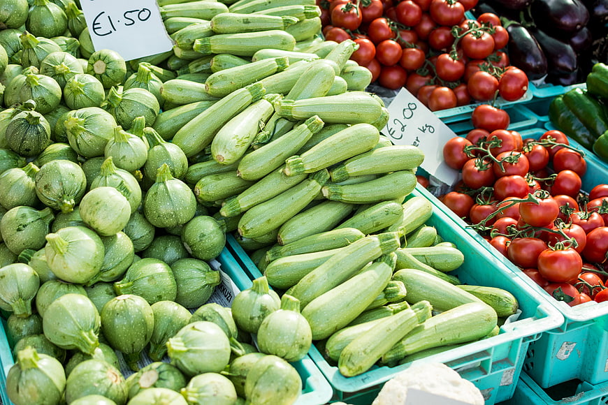 Fresh Zucchini and Tomatoes at Farmers Market