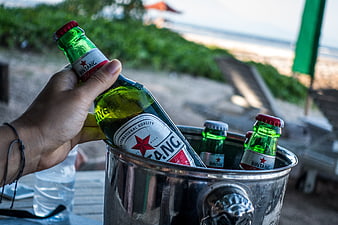 Hand holding Bintang beer bottle from ice bucket at beach