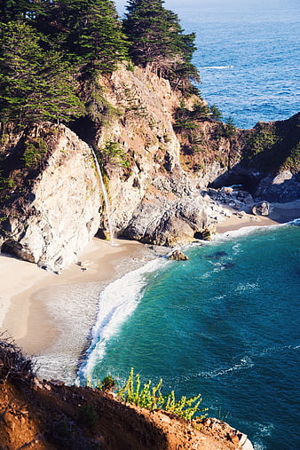 Aerial View of McWay Falls Waterfall on Big Sur Coastline