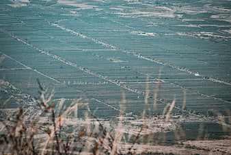 Aerial view of vast agricultural fields with dry grass foreground