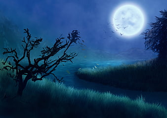 Mystical Night Landscape With Full Moon, Lake, And Silhouetted Trees