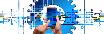 Hands holding smartphone with digital circuit and gear background