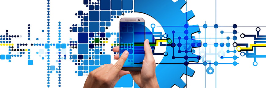 Hands holding smartphone with digital circuit and gear background