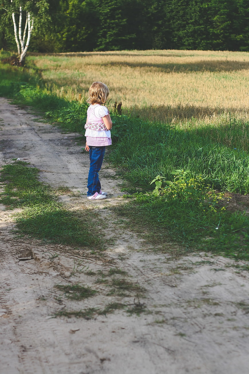 Little girl standing on dirt path in summer field