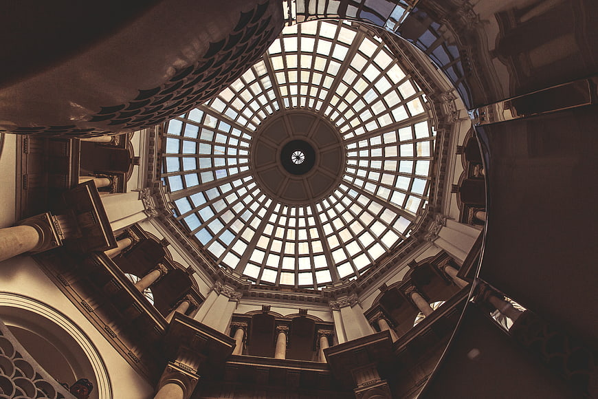 Low angle view of Tate Britain glass dome ceiling