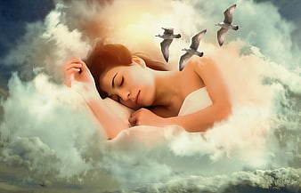 Sleeping Woman in Clouds with Flying Seagulls