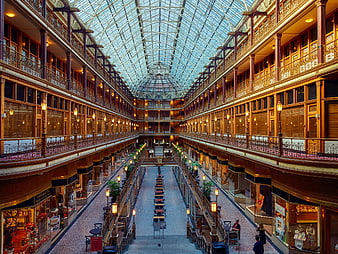 Historic Cleveland Arcade Interior With Glass Roof And Shopping Stores