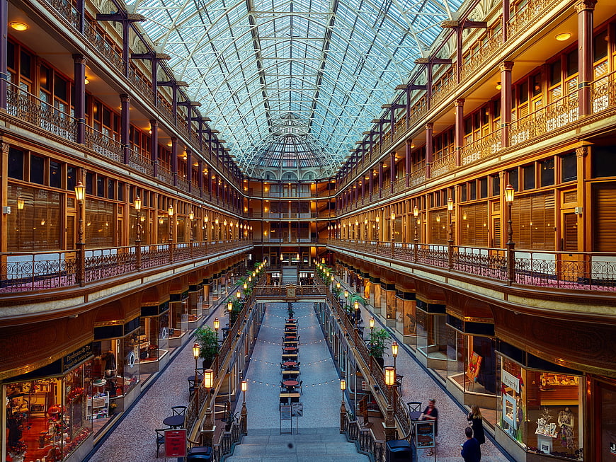 Historic Cleveland Arcade Interior With Glass Roof And Shopping Stores