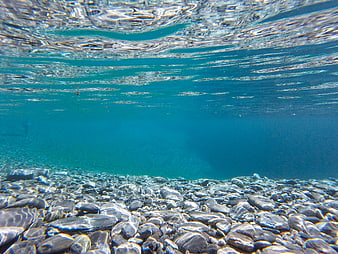 Underwater View of Rocky Seabed with Sunlight Patterns