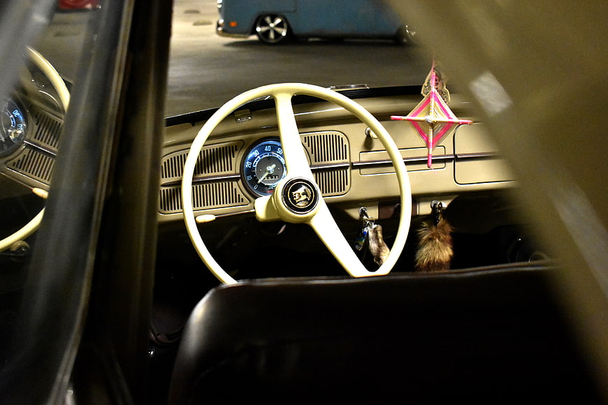 Vintage Volkswagen Beetle Interior with Cream Steering Wheel
