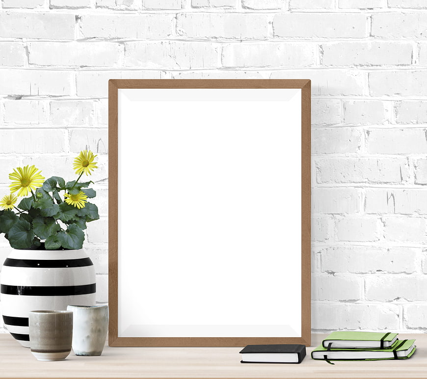 Wooden Picture Frame Mockup On White Brick Wall With Desk Decor