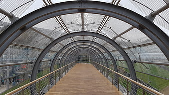 Modern arched metal walkway with wooden floor and mesh roof