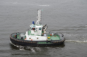 High angle view of WS Sagitarius tugboat on gray water