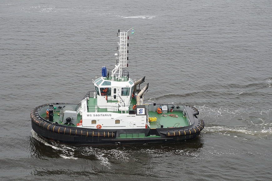 High angle view of WS Sagitarius tugboat on gray water