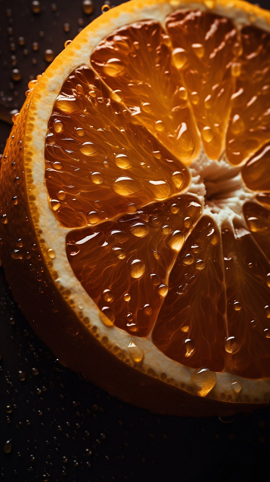 Close-up of Fresh Orange Slice with Water Droplets