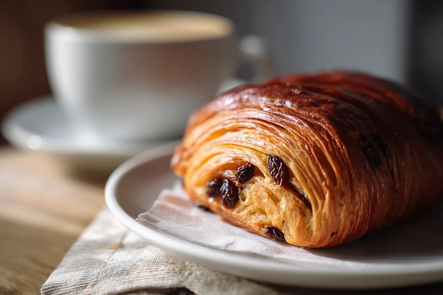 Golden Raisin Croissant with Coffee on Wooden Table