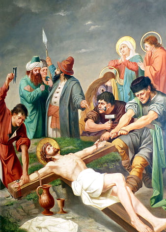 Religious painting of Jesus carrying the cross with onlookers