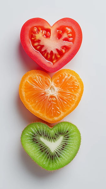 Heart-Shaped Slices of Tomato, Orange, and Kiwi on White
