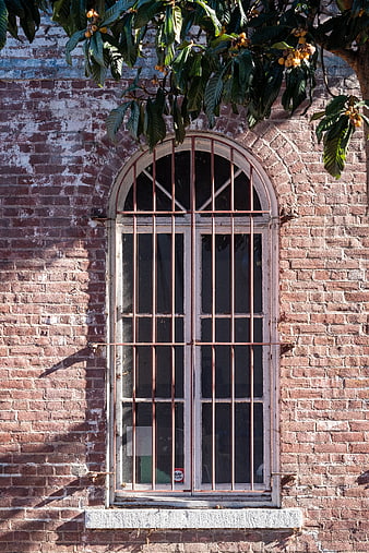 Arched window with bars on weathered brick wall