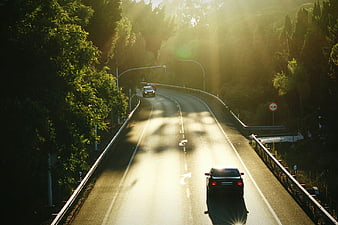 Car driving on winding highway through forest at golden hour