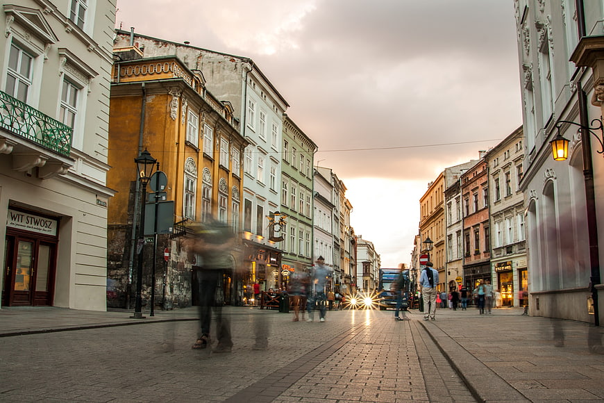 Long Exposure Pedestrian Street in European City at Dusk