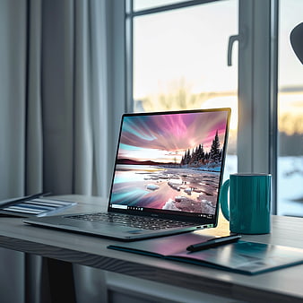 Modern Laptop Workspace with Coffee Mug by Window