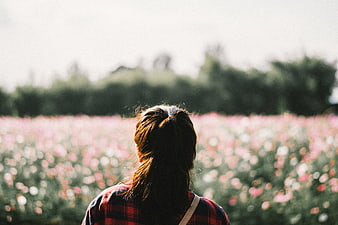 Woman in plaid shirt looking at pink flower field
