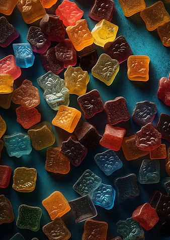 Colorful gummy candies on dark teal background