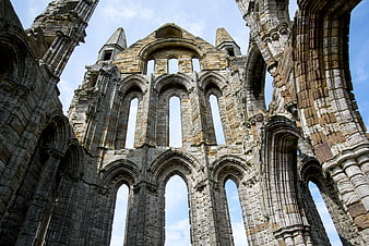 Gothic Ruins of Whitby Abbey Against Blue Sky