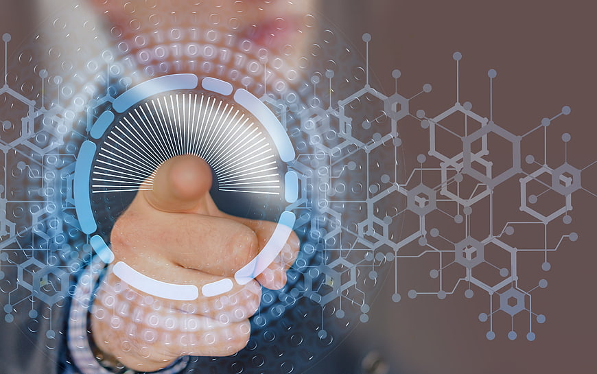 Businessman Touching Futuristic Digital Interface With Binary Code
