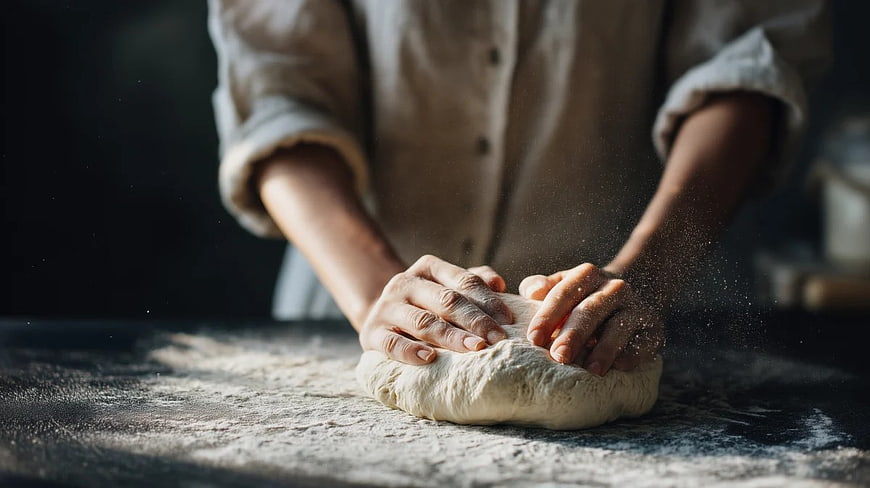 Hands Kneading Fresh Bread Dough with Flour