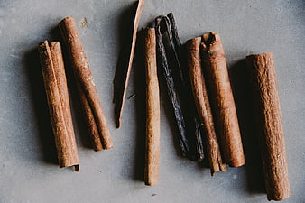 Cinnamon sticks and vanilla beans on gray background