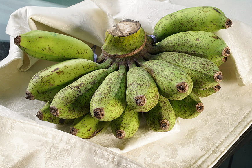 Bunch of green speckled bananas on white cloth