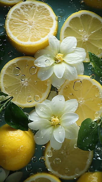 Fresh Lemons and White Flowers Underwater with Bubbles
