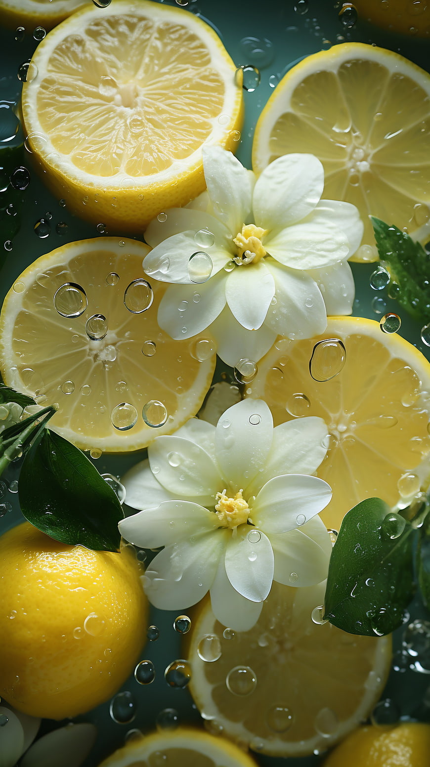 Fresh Lemons and White Flowers Underwater with Bubbles
