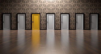 Conceptual row of doors with one yellow door in ornate hallway