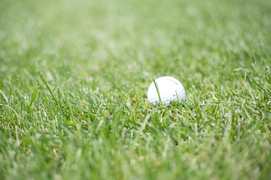 White golf ball resting in green grass close up