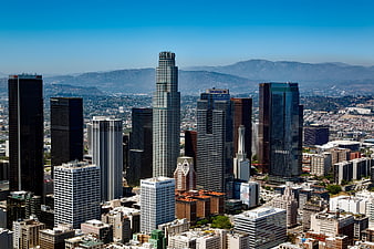 Downtown Los Angeles Skyline with Skyscrapers and Mountains