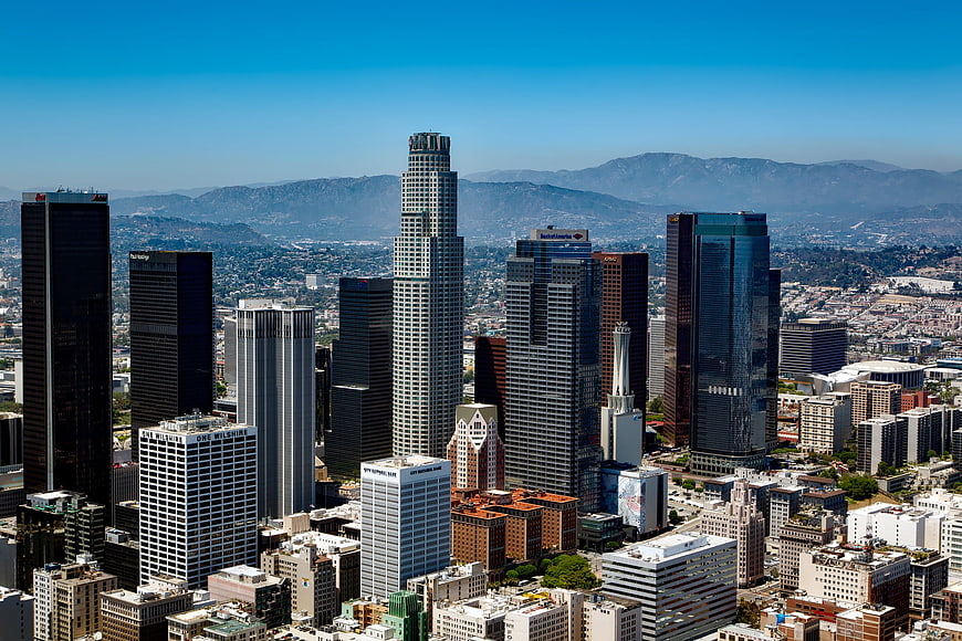 Downtown Los Angeles Skyline with Skyscrapers and Mountains