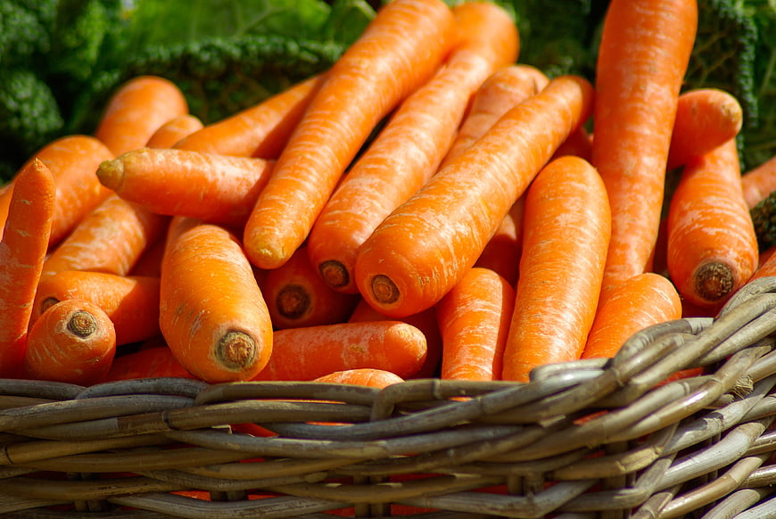 Fresh Orange Carrots in Wicker Basket with Kale
