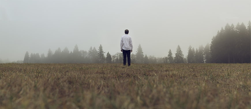 Man standing alone in foggy field looking at forest