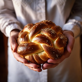 Baker holding fresh braided challah bread