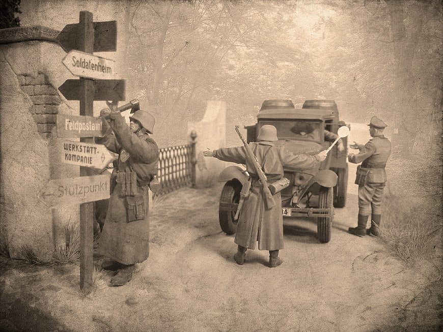 Vintage sepia diorama of German soldiers at a military checkpoint