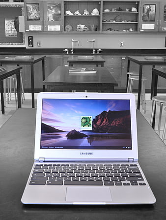 Samsung Laptop On Desk In Modern Science Classroom