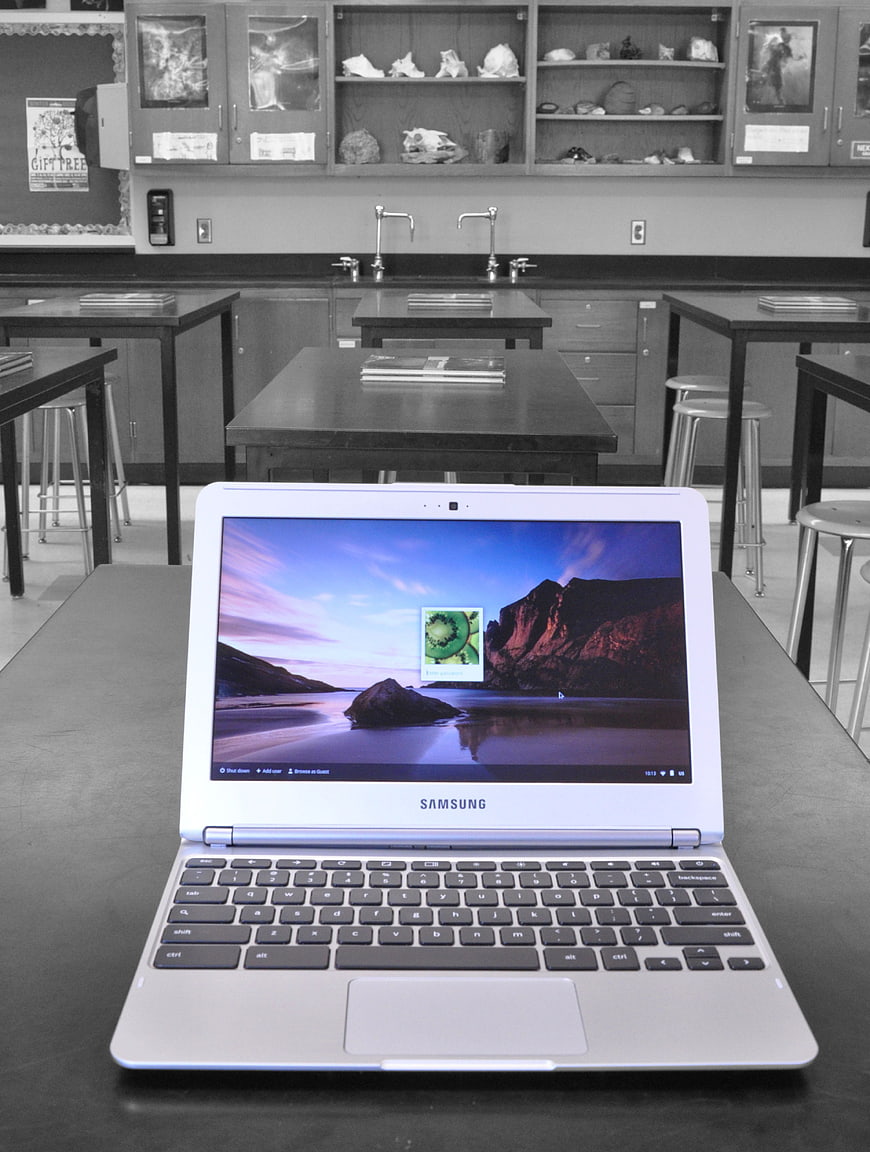 Samsung Laptop On Desk In Modern Science Classroom