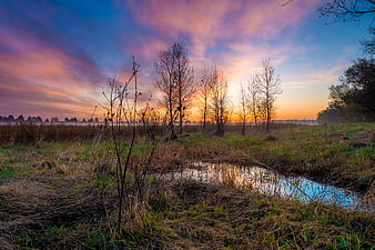 Colorful Sunset Over Marshy Wetland With Reflections