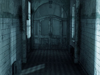 Dark abandoned hallway with weathered double doors